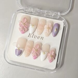 Elven Floral Handmade Press On Nails with Pink and Purple Accents Almond Shape